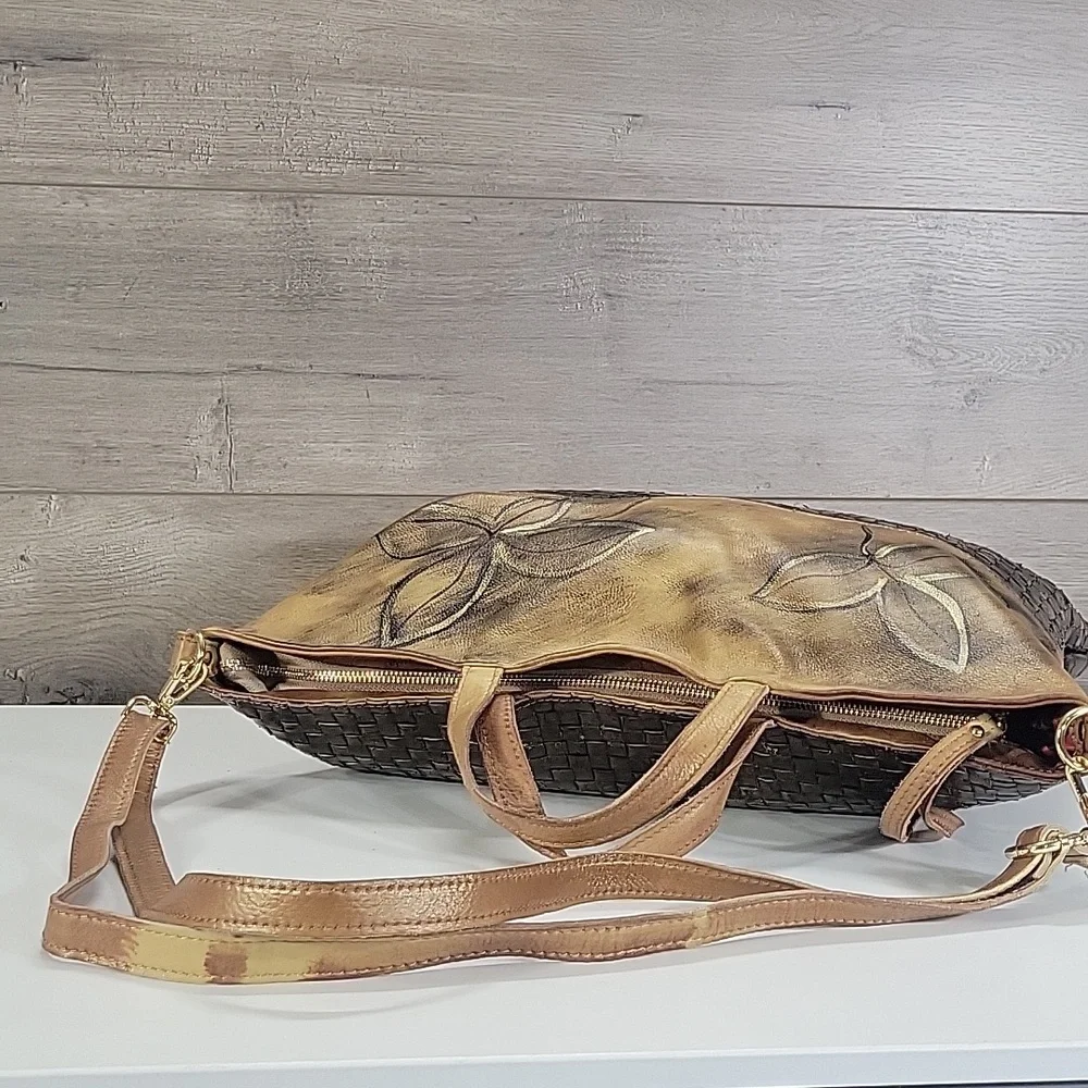Large Civico 93 Floral Hand Painted Italian Leather Tote Bag - Gold and Brown